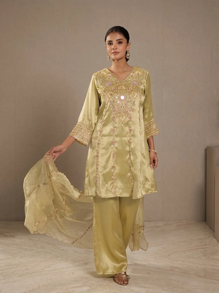 Viny  VINY Parrot Green Mirror Work Embellished Suit Set – Women's Indian Ethnic Wear for Women | Best Price UAE