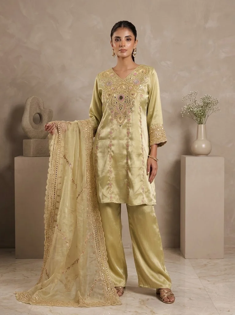 VINY Parrot Green Mirror Work Embellished Suit Set – Women's Indian Ethnic Wear