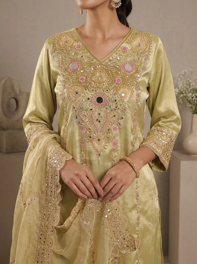 Viny  VINY Parrot Green Mirror Work Embellished Suit Set – Women's Indian Ethnic Wear for Women | Best Price UAE