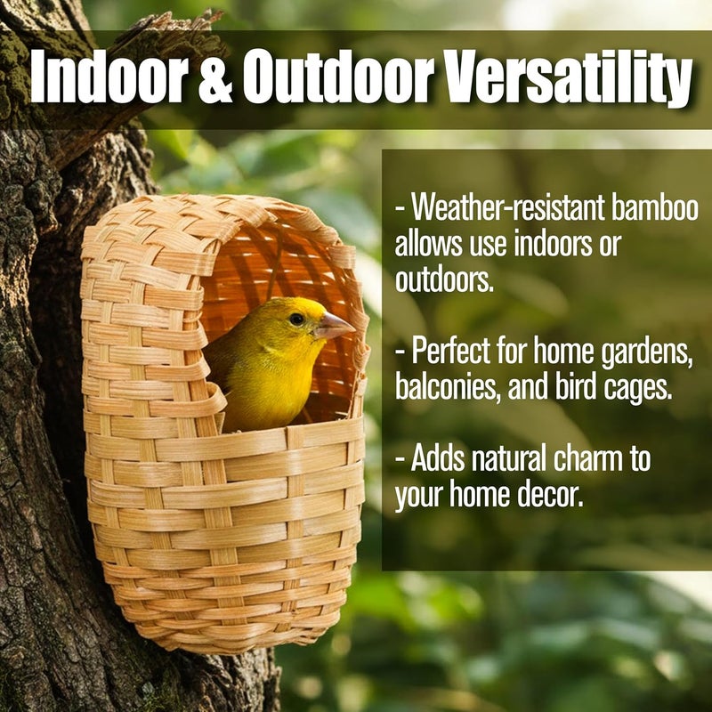 KH866 Finch Nests for Cages - Small Bird Nest with Metal Hook, Hand-Woven Box Natural Bamboo Cage Accessories, Hut Toy Hanging Shelter Warm Bird Houses, Handmade Hideout House, Outdoor Balcony Art Crafts - Image 2