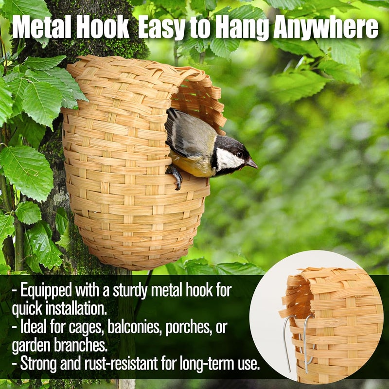 KH866 Finch Nests for Cages - Small Bird Nest with Metal Hook, Hand-Woven Box Natural Bamboo Cage Accessories, Hut Toy Hanging Shelter Warm Bird Houses, Handmade Hideout House, Outdoor Balcony Art Crafts - Image 4