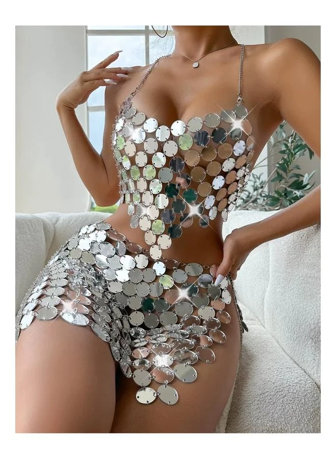 VEILLE Silver Sequin Chain Bustier Skirt Set - Women's Festival Clubwear - Stage Costume Party Outfit Sexy Combination.