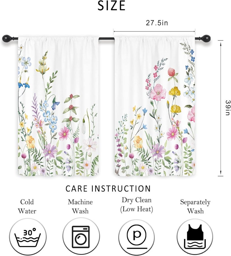 Riyidecor Spring Floral Kitchen Curtains Wildflower Rod Pocket Colorful Flower Leaves Watercolor Plant Botanical Women Girls Blossom Nature Bedroom Living Room Treatment Fabric 2 Panels 275Wx39H Inch - Image 2