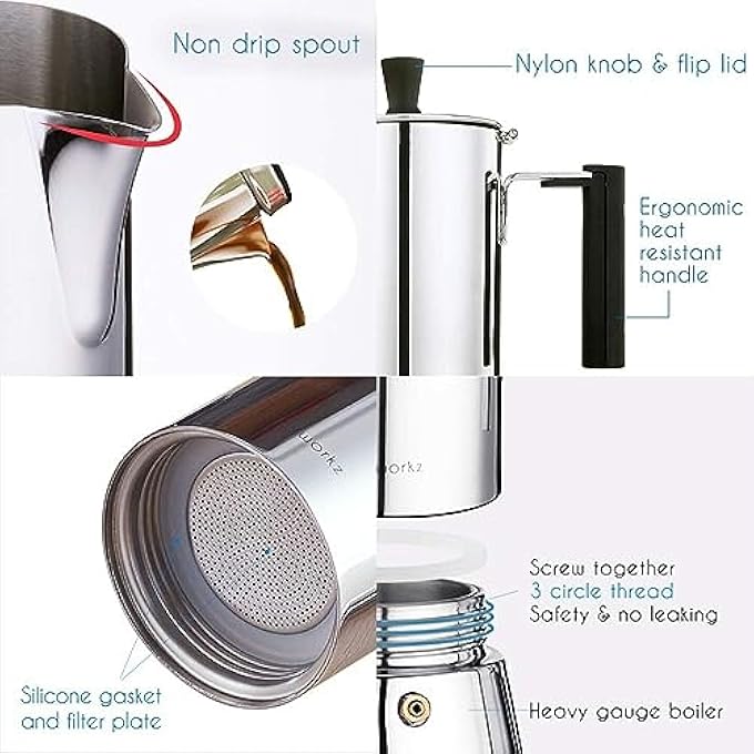 EASYWORKZ Pedro Stovetop Espresso Maker Stainless Steel Italian Coffee Machine Maker 6Cup 300Ml Induction Moka Pot - Image 4