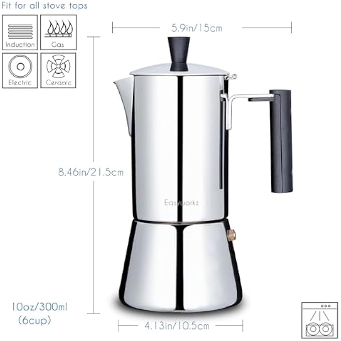 EASYWORKZ Pedro Stovetop Espresso Maker Stainless Steel Italian Coffee Machine Maker 6Cup 300Ml Induction Moka Pot - Image 2