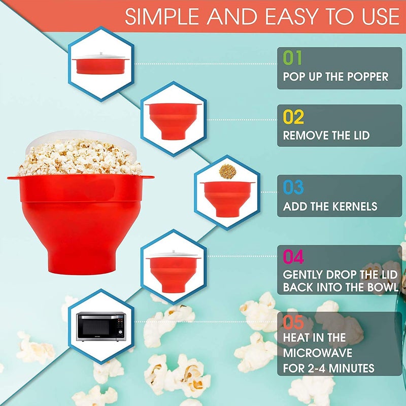 Karp Microwave Silicone Popcorn Maker Collapsible Bowl With Lid & Convenient Handles - (Pack Of 2, Red Color) - Image 5