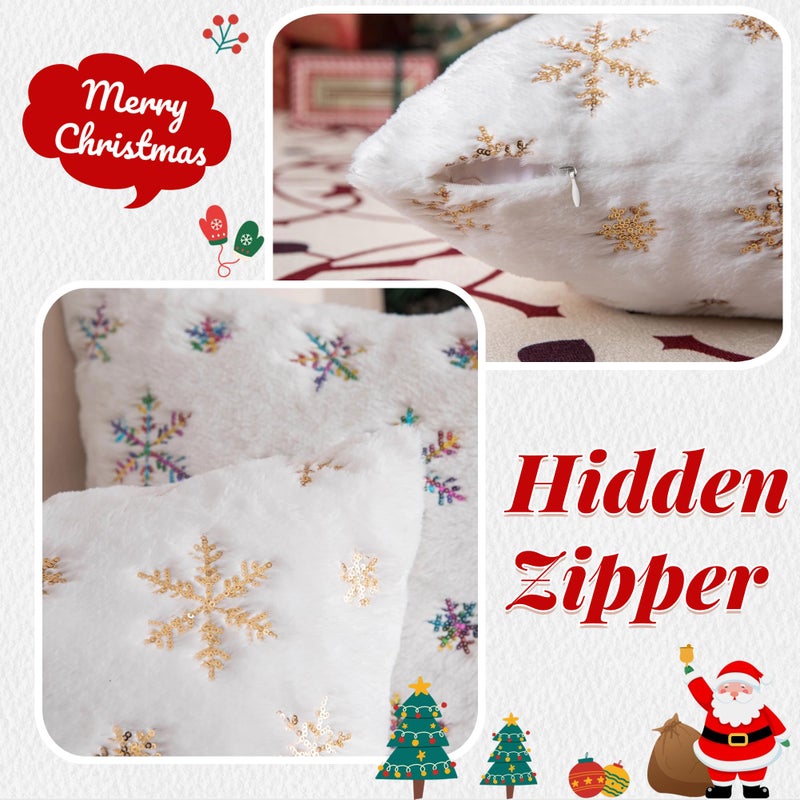 AQOTHES Faux Fur Fuzzy Decorative Throw Pillows Covers  Soft Plush with Snowflake Sequins Glitter Cute Throw Pillows for Christmas Decor Couch Sofa  Golden Ivory White 20 x 20 Inch  Pack of 2 - Image 4