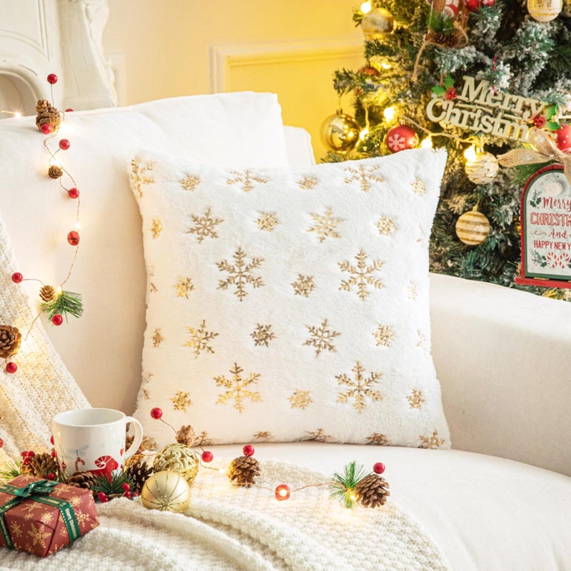AQOTHES Faux Fur Fuzzy Decorative Throw Pillows Covers  Soft Plush with Snowflake Sequins Glitter Cute Throw Pillows for Christmas Decor Couch Sofa  Golden Ivory White 20 x 20 Inch  Pack of 2 - Image 2