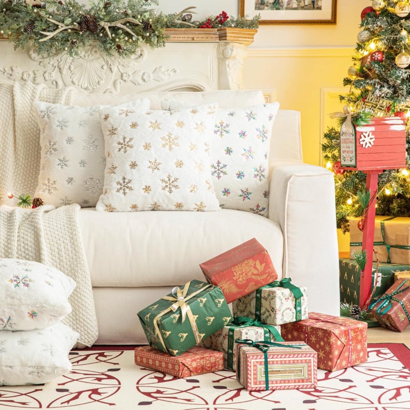 AQOTHES Faux Fur Fuzzy Decorative Throw Pillows Covers  Soft Plush with Snowflake Sequins Glitter Cute Throw Pillows for Christmas Decor Couch Sofa  Golden Ivory White 20 x 20 Inch  Pack of 2 - Image 5