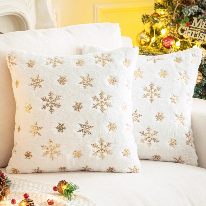 AQOTHES Faux Fur Fuzzy Decorative Throw Pillows Covers  Soft Plush with Snowflake Sequins Glitter Cute Throw Pillows for Christmas Decor Couch Sofa  Golden Ivory White 20 x 20 Inch  Pack of 2 - Image 1