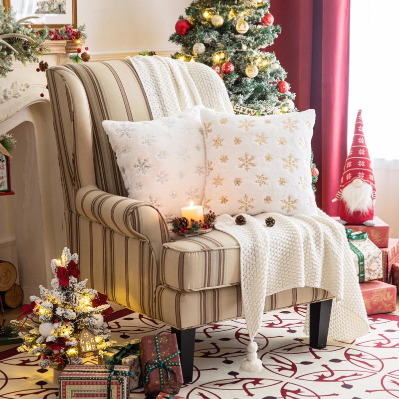 AQOTHES Faux Fur Fuzzy Decorative Throw Pillows Covers  Soft Plush with Snowflake Sequins Glitter Cute Throw Pillows for Christmas Decor Couch Sofa  Golden Ivory White 20 x 20 Inch  Pack of 2 - Image 3