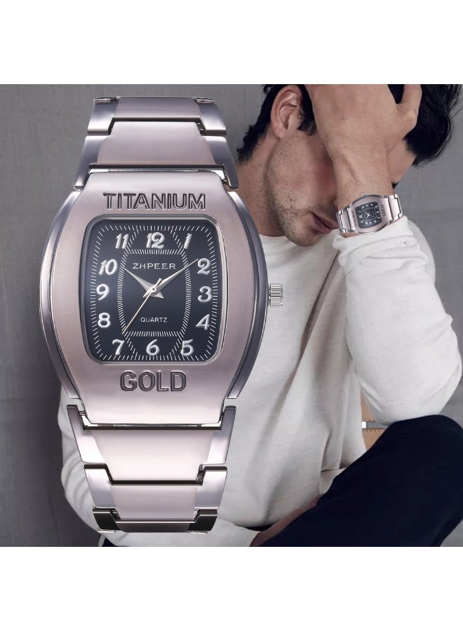 تيتانيوم ساعة رجالية على شكل ماسورة بنية اللون ومجموعة من 4 أساور - مجموعة هدايا من 5 قطع من الفولاذ المقاوم للصدأ والكوارتز - Image 3