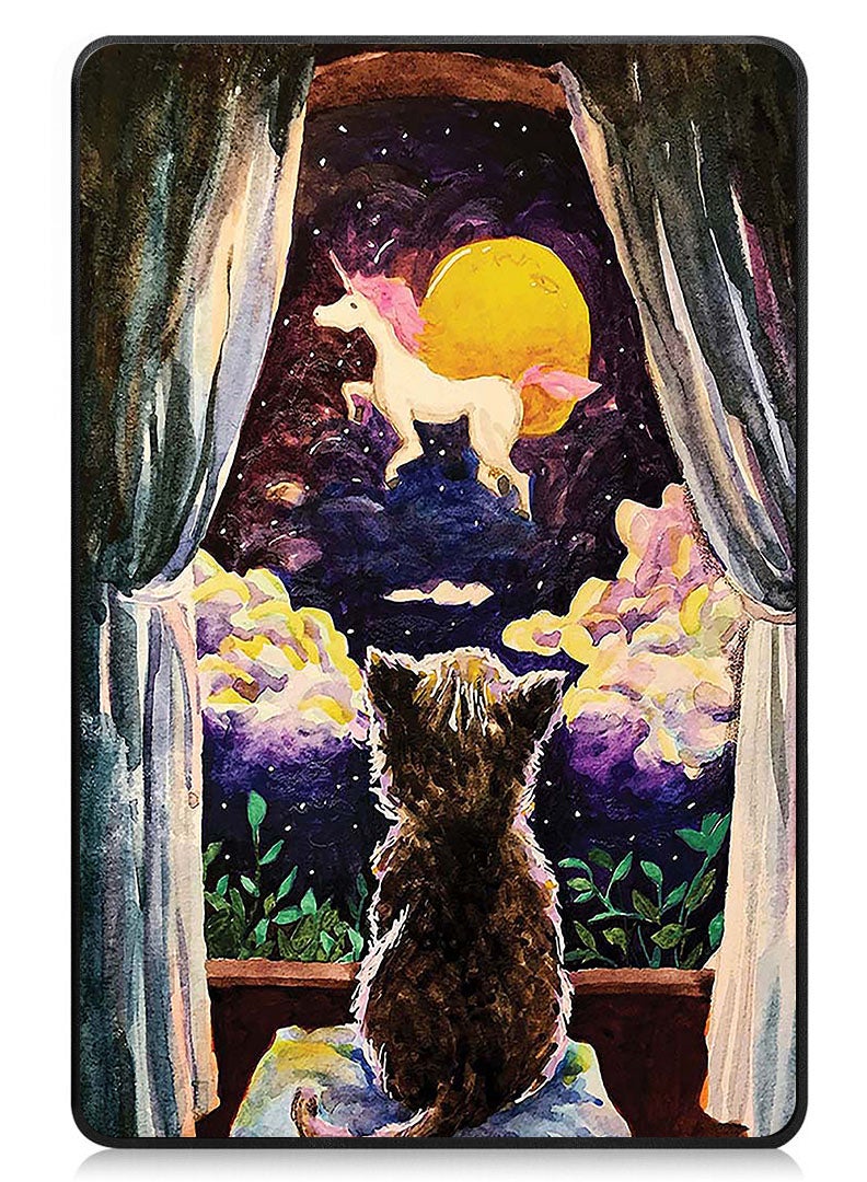 Theodor Protective Flip Case For Samsung Galaxy Tab S9 FE With Trifold Stand Auto Wake Sleep Shockproof Cover Cat and Unicorn Illustration - Image 1