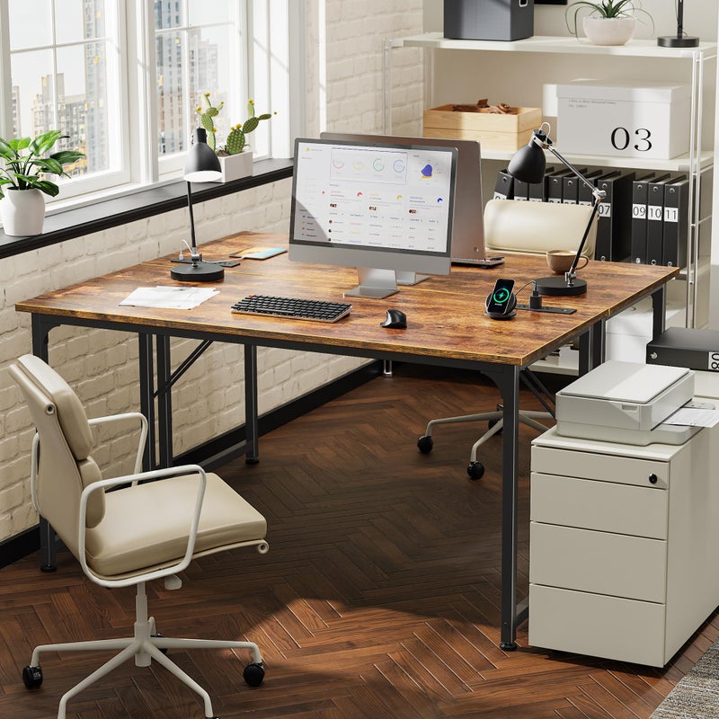 PRAISUN 55 X 20 Inch Office Computer Desk with Power Outlets and USB-C Port, Larger and Longer Gaming Desk, for Home Office, Study, Bedroom, Writing Work from Home Table, Metal Frame, Rustic Brown - Image 2