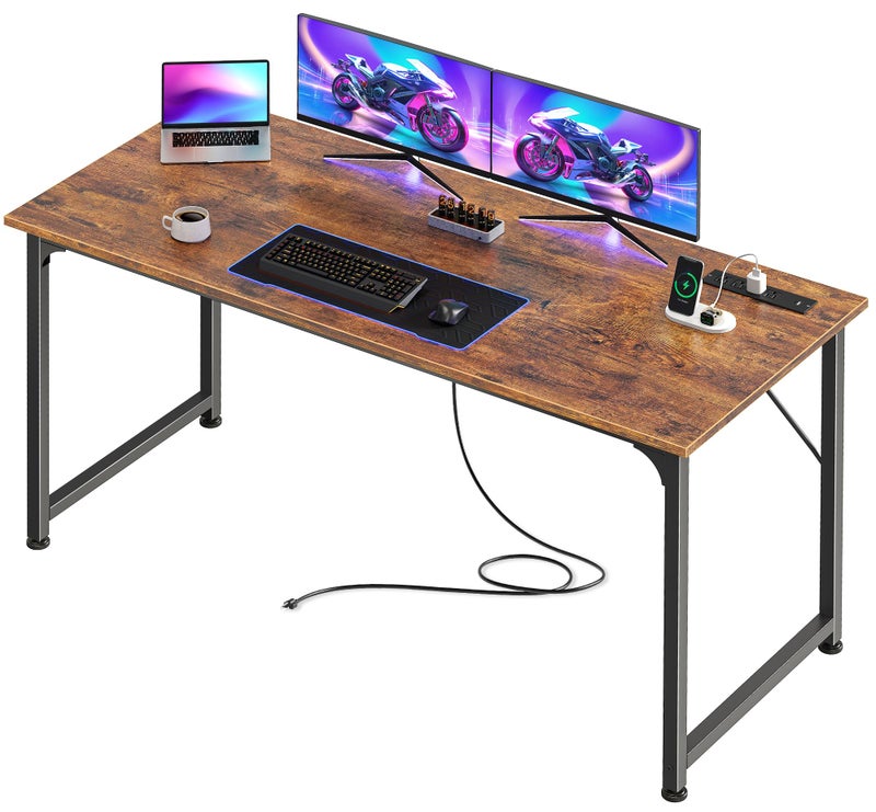 PRAISUN 55 X 20 Inch Office Computer Desk with Power Outlets and USB-C Port, Larger and Longer Gaming Desk, for Home Office, Study, Bedroom, Writing Work from Home Table, Metal Frame, Rustic Brown - Image 1
