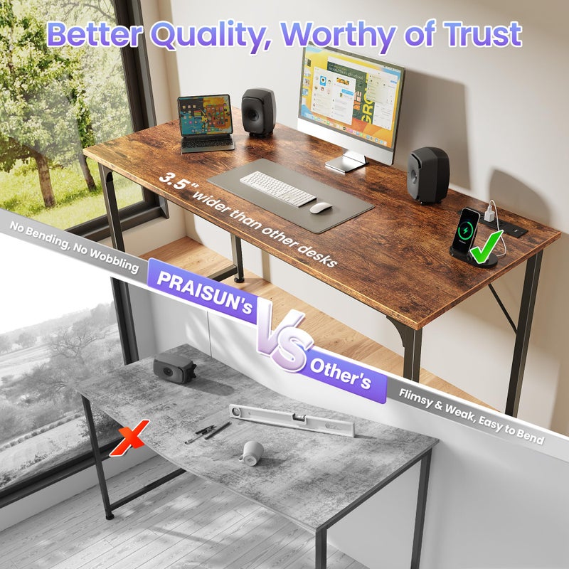 PRAISUN 55 X 20 Inch Office Computer Desk with Power Outlets and USB-C Port, Larger and Longer Gaming Desk, for Home Office, Study, Bedroom, Writing Work from Home Table, Metal Frame, Rustic Brown - Image 4