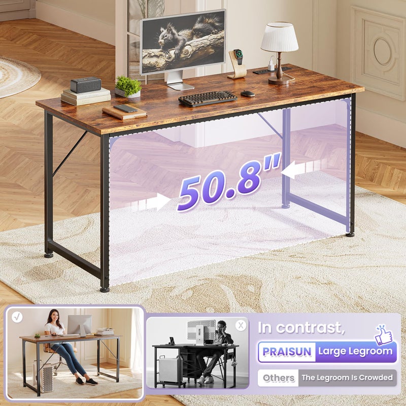PRAISUN 55 X 20 Inch Office Computer Desk with Power Outlets and USB-C Port, Larger and Longer Gaming Desk, for Home Office, Study, Bedroom, Writing Work from Home Table, Metal Frame, Rustic Brown - Image 5
