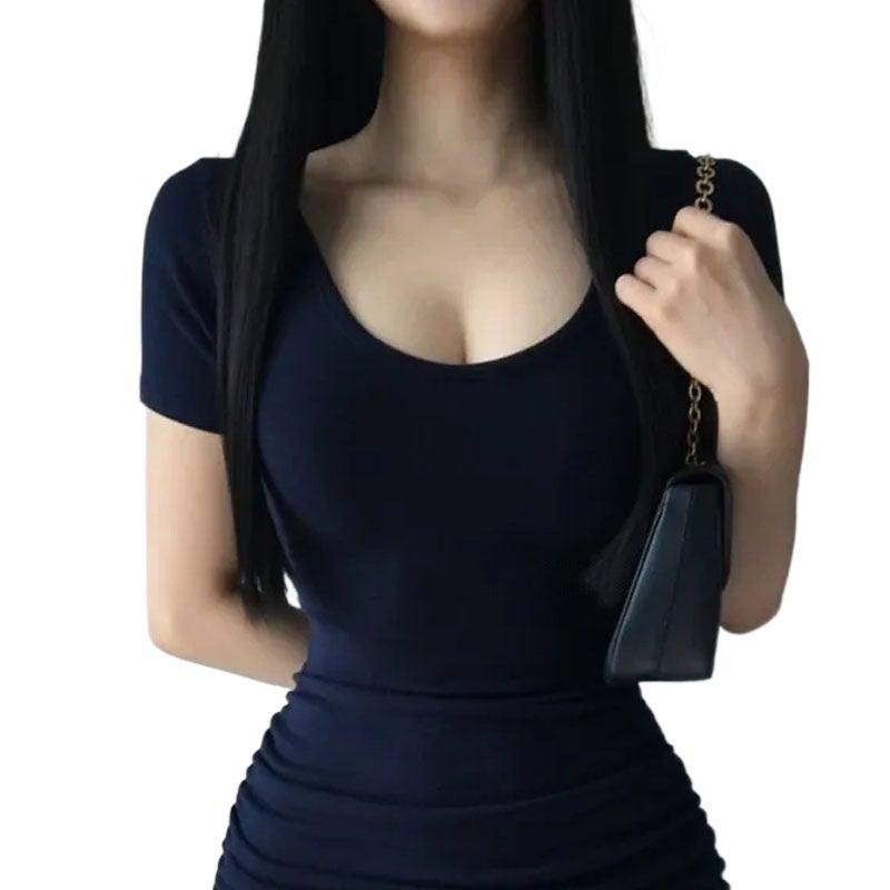 فستان نسائي ضيق بقبة مستديرة وأكمام قصيرة - Image 5