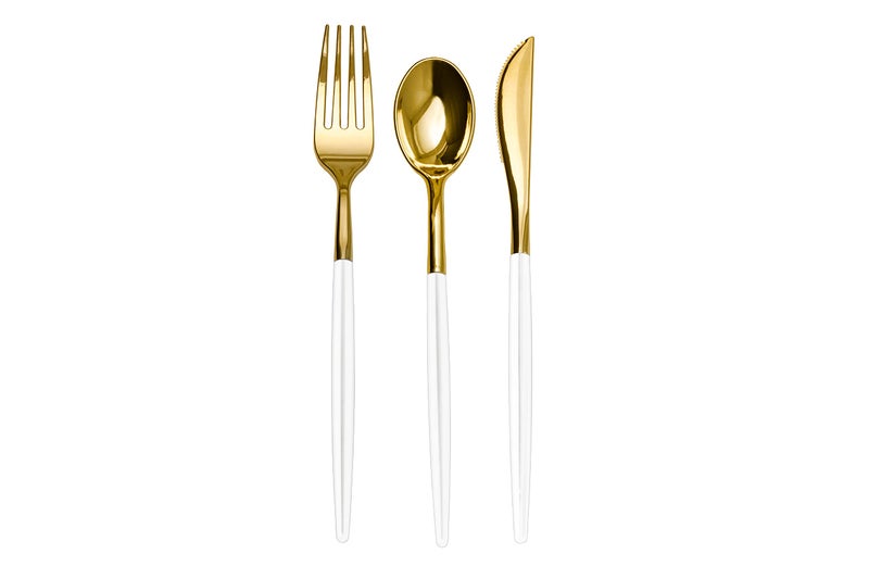 Trendables 120 Pack Two Toned Heavy Duty Plastic Silverware Spoons - Stunning Dual Colored White and Gold Disposable Plastic Spoon - Disposable Utensils For Wedding Parties And All Occasions - Image 2