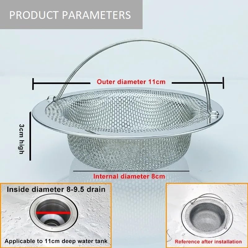 Giffy Durable, Rustproof, Stainless Steel Sink Strainer with Handle, Kitchen Drain Basin Basket Filter Stopper with 2mm Dia Holes, Food Debris Blockage Jali, Double Edging Corners 11 cm, 1 Pcs - Image 2