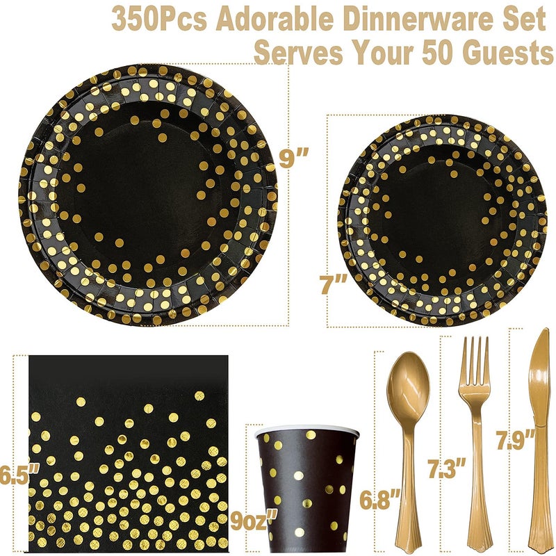 AIRE 350PCS Black and Gold Party Supplies  Severs 50 Disposable Party Dinnerware  Gold Plastic Forks Knives Spoons and Golden Dot Paper Plates Black Napkins Cups for New Years Graduation Birthday Wedding - Image 2