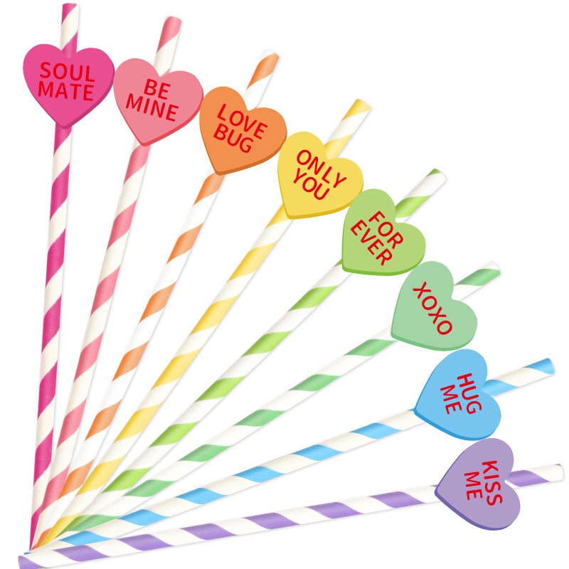 Whaline شالين 60 قطعة من مصاصات الورق ليوم عيد الحب مصاصات ملونة مخططة مع 60 قطعة من شرائح قلوب المحادثة حلوى قلوب مصاصات قابلة للتصرف لزفاف عيد ميلاد لوازم الحفلات - Image 1