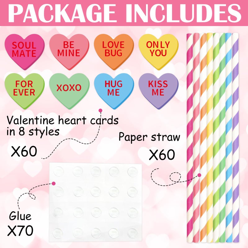 Whaline شالين 60 قطعة من مصاصات الورق ليوم عيد الحب مصاصات ملونة مخططة مع 60 قطعة من شرائح قلوب المحادثة حلوى قلوب مصاصات قابلة للتصرف لزفاف عيد ميلاد لوازم الحفلات - Image 3