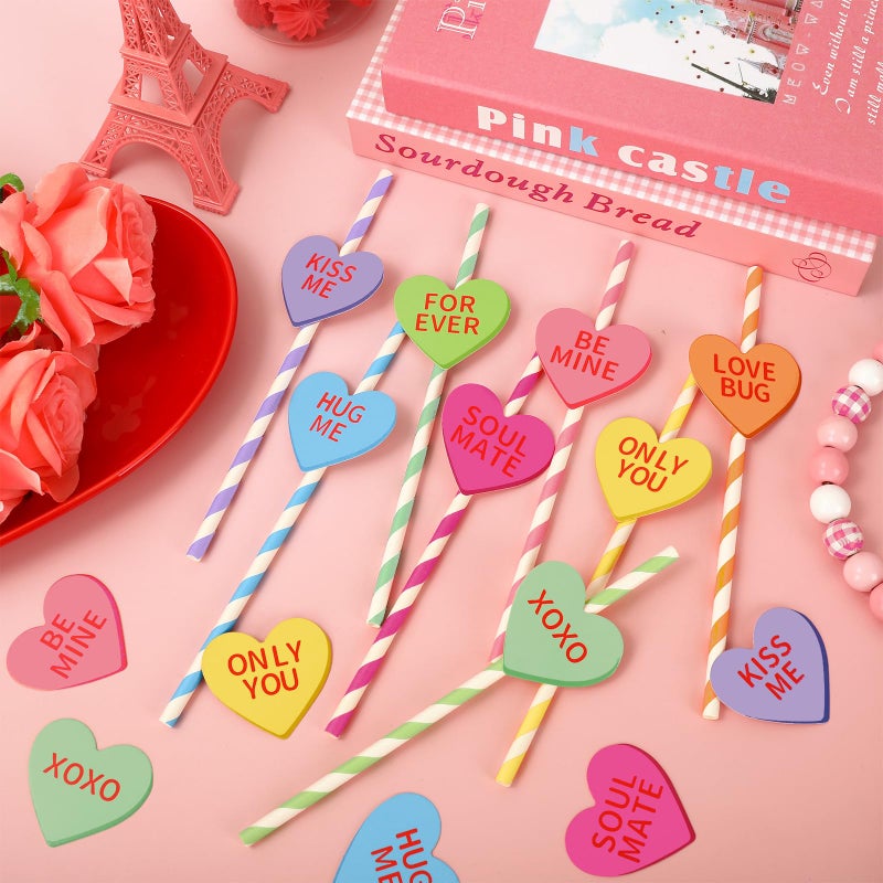 Whaline شالين 60 قطعة من مصاصات الورق ليوم عيد الحب مصاصات ملونة مخططة مع 60 قطعة من شرائح قلوب المحادثة حلوى قلوب مصاصات قابلة للتصرف لزفاف عيد ميلاد لوازم الحفلات - Image 4