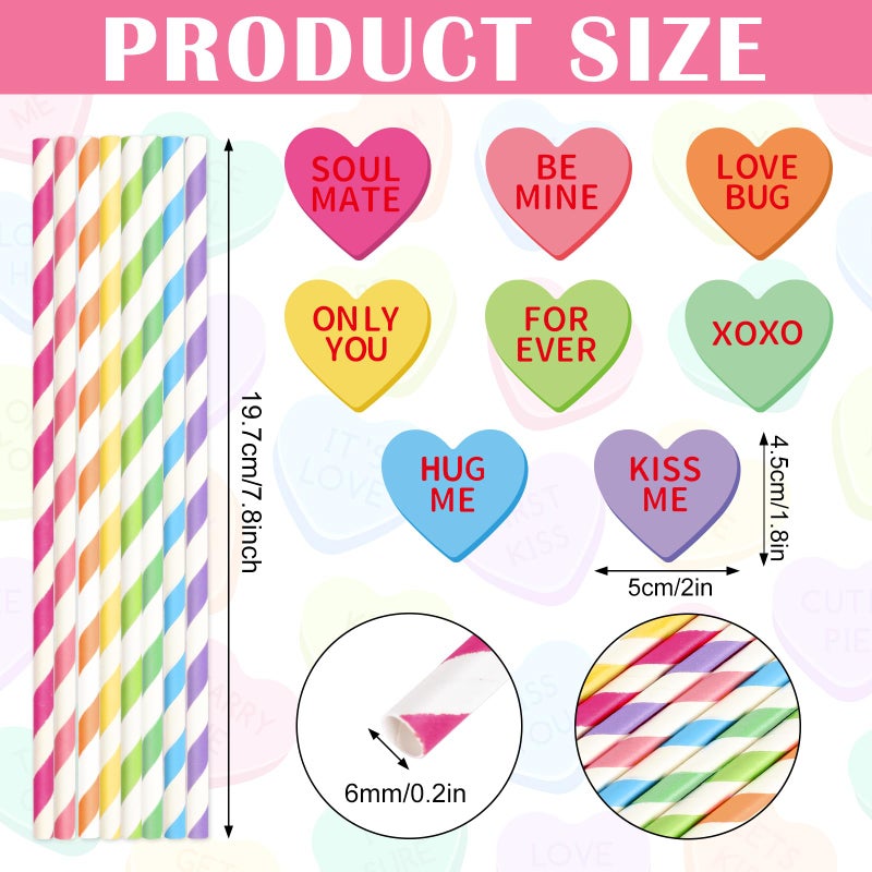 Whaline شالين 60 قطعة من مصاصات الورق ليوم عيد الحب مصاصات ملونة مخططة مع 60 قطعة من شرائح قلوب المحادثة حلوى قلوب مصاصات قابلة للتصرف لزفاف عيد ميلاد لوازم الحفلات - Image 2