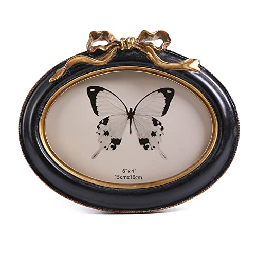SIKOO Vintage Picture Frames 4x6 Oval Bow Picture Frame Tabletop and Wall Mount Bow Decor Antique Wall Decor Black and Gold