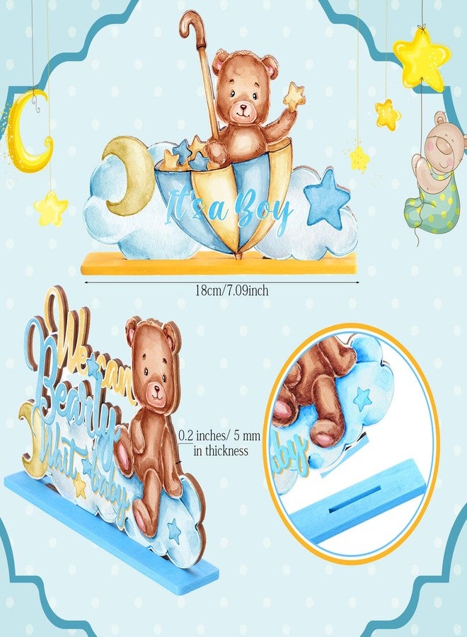 DoubleFill ٦ قطع من زينة طاولة حفل استقبال المولود الجديد المصنوعة من الخشب على شكل دببة، قطع مركزية على شكل دببة للطاولات، مناسبة للكشف عن جنس المولود (ذكر)، مستلزمات حفلات أعياد الميلاد، دعائم تصوير أعياد الميلاد. - Image 2