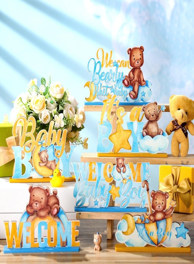 DoubleFill ٦ قطع من زينة طاولة حفل استقبال المولود الجديد المصنوعة من الخشب على شكل دببة، قطع مركزية على شكل دببة للطاولات، مناسبة للكشف عن جنس المولود (ذكر)، مستلزمات حفلات أعياد الميلاد، دعائم تصوير أعياد الميلاد. - Image 3