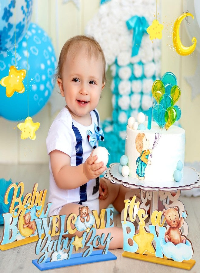 DoubleFill ٦ قطع من زينة طاولة حفل استقبال المولود الجديد المصنوعة من الخشب على شكل دببة، قطع مركزية على شكل دببة للطاولات، مناسبة للكشف عن جنس المولود (ذكر)، مستلزمات حفلات أعياد الميلاد، دعائم تصوير أعياد الميلاد. - Image 4