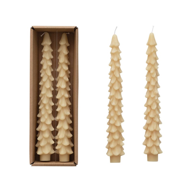 Creative CoOp Unscented Tree Shaped Taper Candles Eggnog Beige Boxed Set Of 2