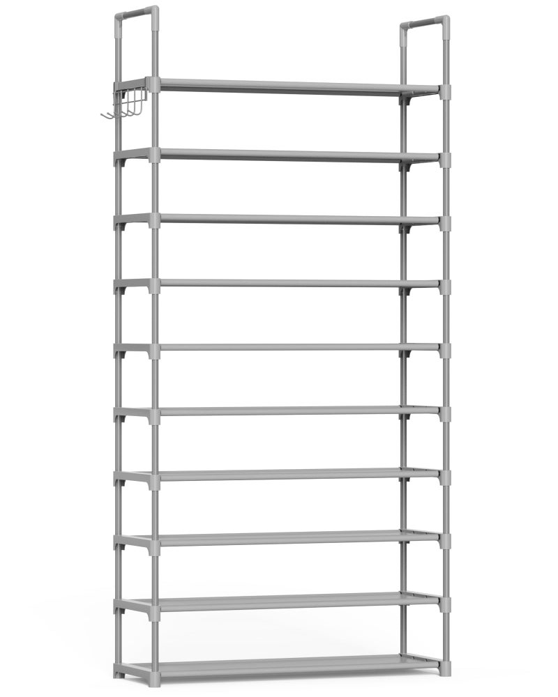 Kitsure Shoe Rack for Closet - 10-Tier Shoe Organizer with Hook Rack, Large-Capacity & Space-Saving Shoe Shelf for Entryway, Bedroom, Living Room,32.2" x 11.8" x 68.5", Gray - Image 1