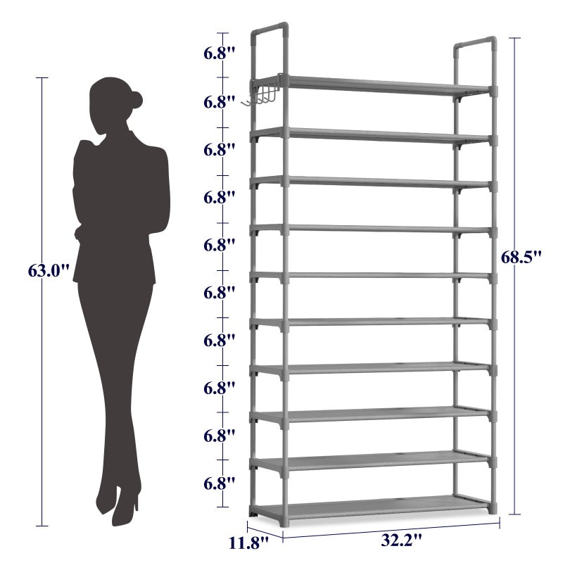Kitsure Shoe Rack for Closet - 10-Tier Shoe Organizer with Hook Rack, Large-Capacity & Space-Saving Shoe Shelf for Entryway, Bedroom, Living Room,32.2" x 11.8" x 68.5", Gray - Image 2