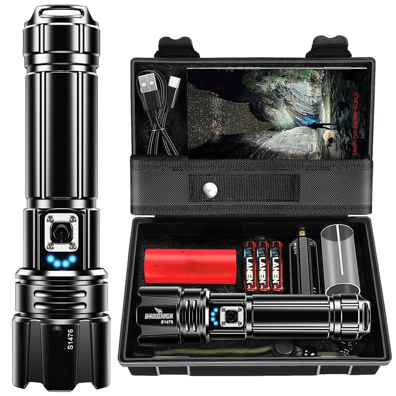 DEXO مصباح يدوي LED قابل لإعادة الشحن من DEXO، 20000 لومن، ضوء كشاف XHP70.2، مصابيح تكتيكية فائقة السطوع، مقاوم للماء IP67 وقابل للتكبير، للتخييم والمشي في الطبيعة والطوارئ (مع بطارية) - Image 1