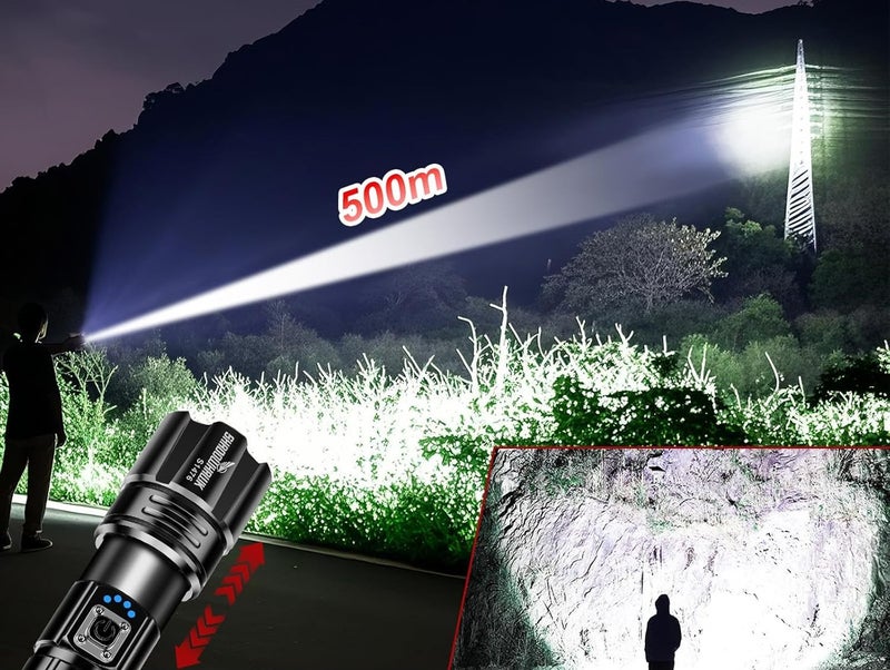 DEXO مصباح يدوي LED قابل لإعادة الشحن من DEXO، 20000 لومن، ضوء كشاف XHP70.2، مصابيح تكتيكية فائقة السطوع، مقاوم للماء IP67 وقابل للتكبير، للتخييم والمشي في الطبيعة والطوارئ (مع بطارية) - Image 3