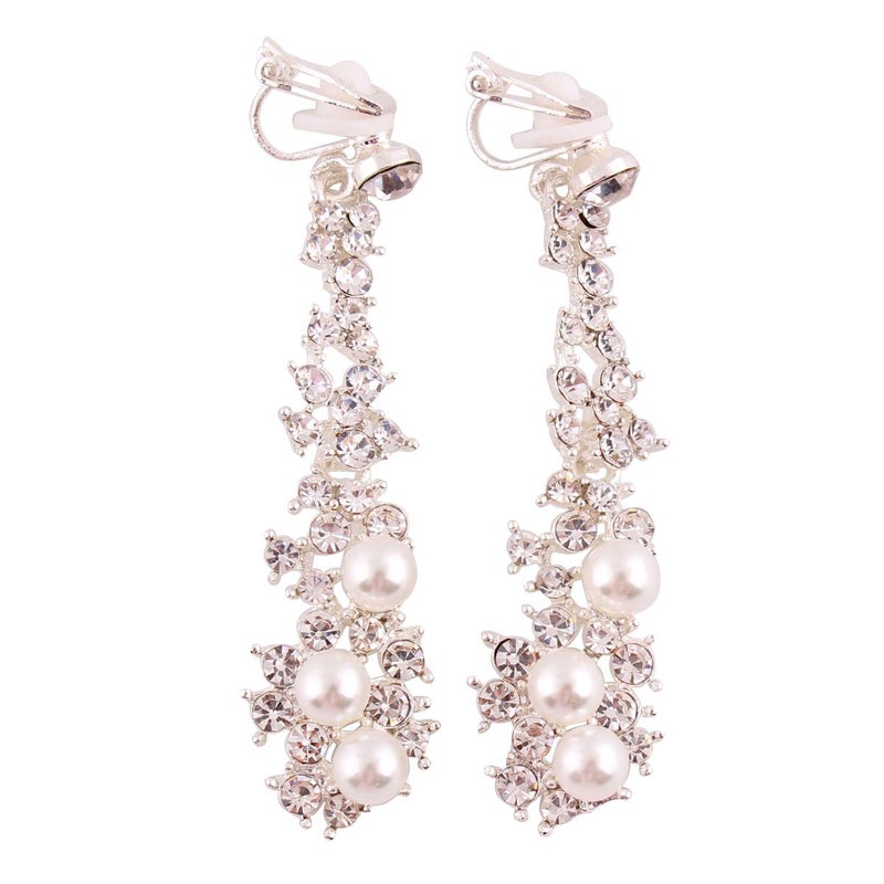 Grace Jun Luxury Bridal Rhinestone Clip on Earrings Non Piercing for Women Large Statement Earrings Silver ear clip