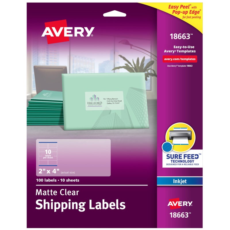 Avery Printable Shipping Labels with Sure Feed, 2" x 4", Matte Clear, 100 Blank Mailing Labels (18663) - Image 1