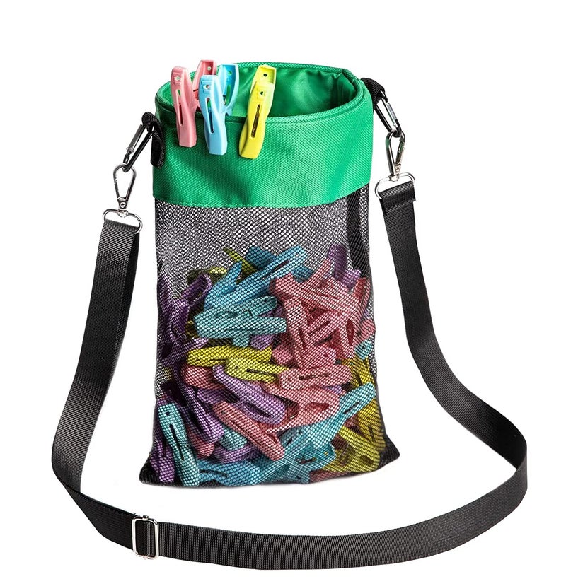 AFUOWER Mesh Clothespin Bag with Hooks Hanging Clothes Pin Bag with Drawstring Closure Clothespin Holder Ventilation and Moisture Resistance Storage Organizer Machine Washable Green