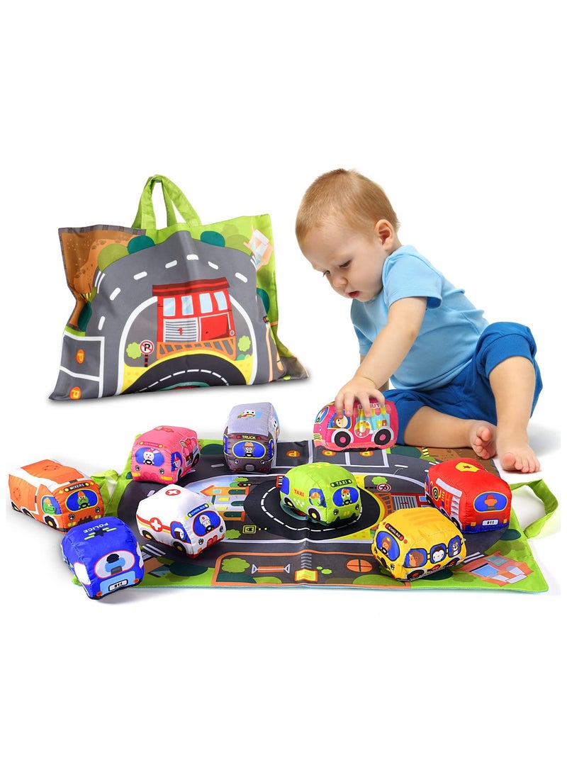 unikbebe 6PCS Babeland Soft Car Toys with Playmat and Storage Bag - Educational and Safe Plush Vehicles for Toddlers  - Image 1