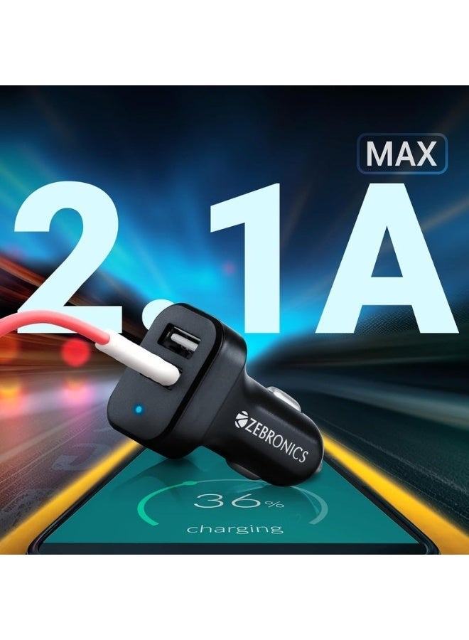 ZEBRONICS CC242A3 10.5W Car Charger, Dual USB Ports, Compact Design, Built-in Protection, LED Indicator, USB Type-C Cable Included - For Mobile Phones, Black - Image 3