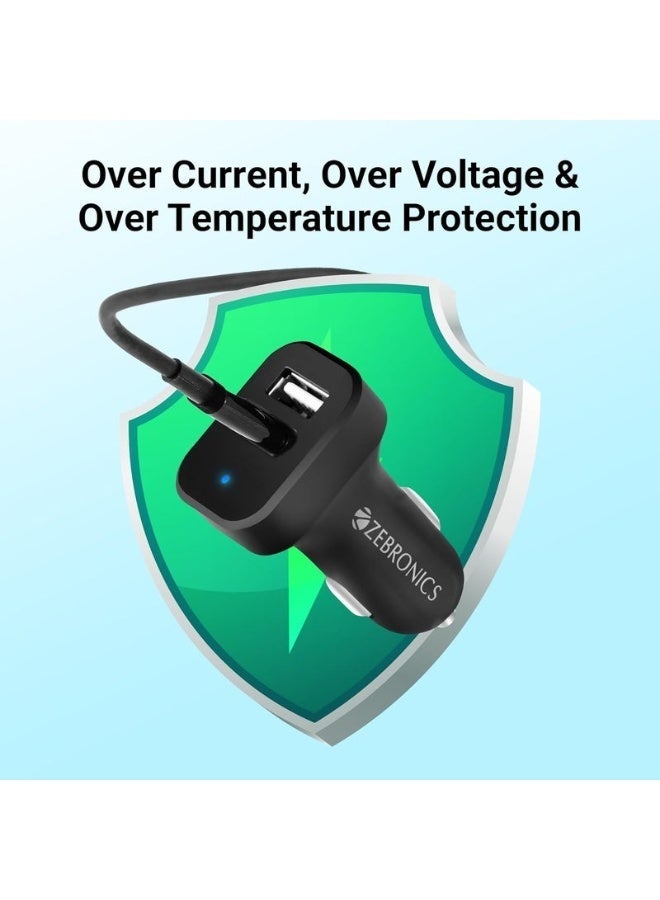 ZEBRONICS CC242A3 10.5W Car Charger, Dual USB Ports, Compact Design, Built-in Protection, LED Indicator, USB Type-C Cable Included - For Mobile Phones, Black - Image 2