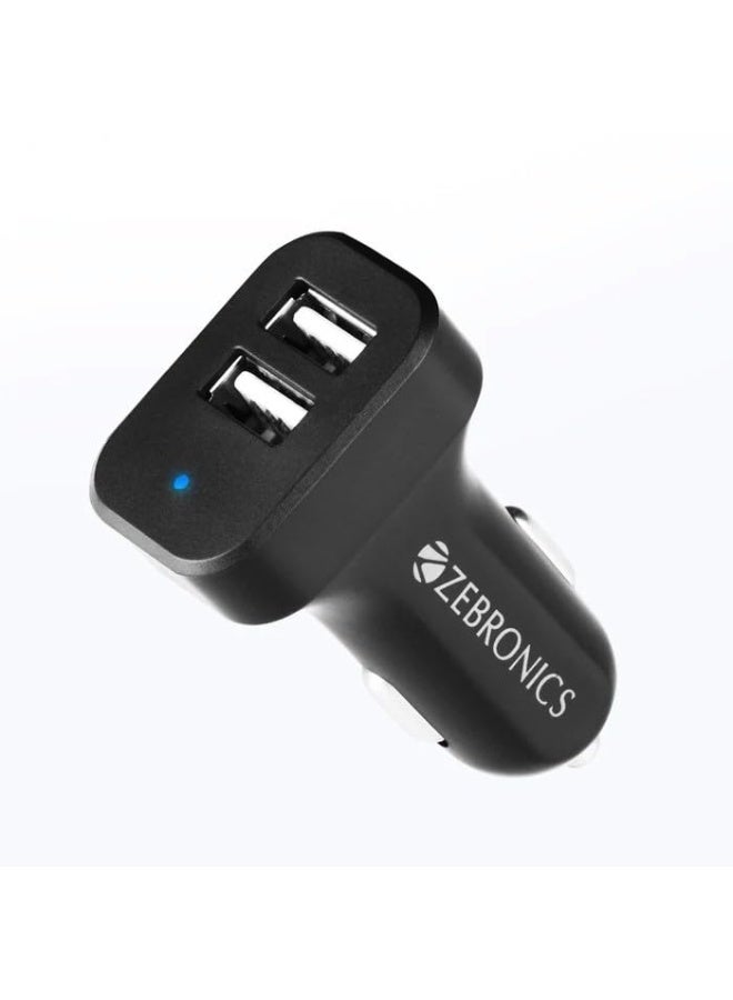 ZEBRONICS CC242A3 10.5W Car Charger, Dual USB Ports, Compact Design, Built-in Protection, LED Indicator, USB Type-C Cable Included - For Mobile Phones, Black - Image 1