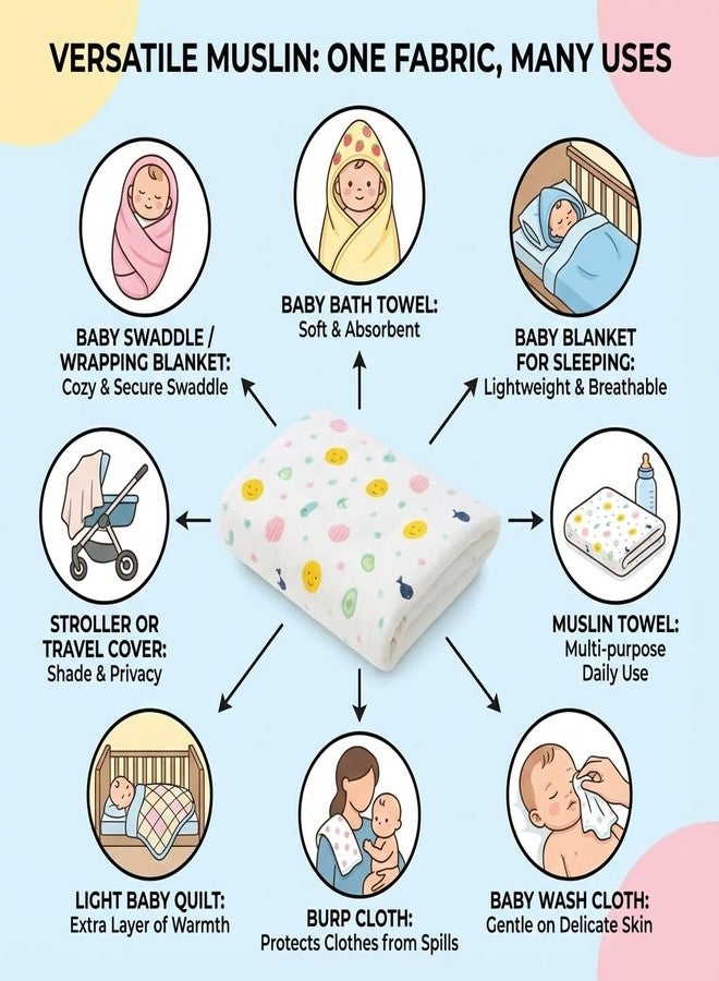 Velbk 100% Cotton Muslin Swaddle for Newborn Baby | 100 x 100 CM | Multipurpose Baby Blanket, Bath Towel, Swaddle & Wash Cloth | Soft & Breathable | 0-2 Years | Pack of 1/2 / 3 (Assorted Prints) (2) - Image 5