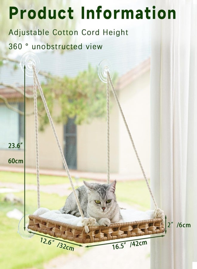SETVSON Cat Window Perch Cat Window Hammock Bed for Indoor Cats, Large Handwoven PE Rattan Window Seat, 4 Suction Cups, Double Sided Washable Cushion Bed, 2.3 Inch Fence Shelf, for Pet Kittens Natural - Image 5