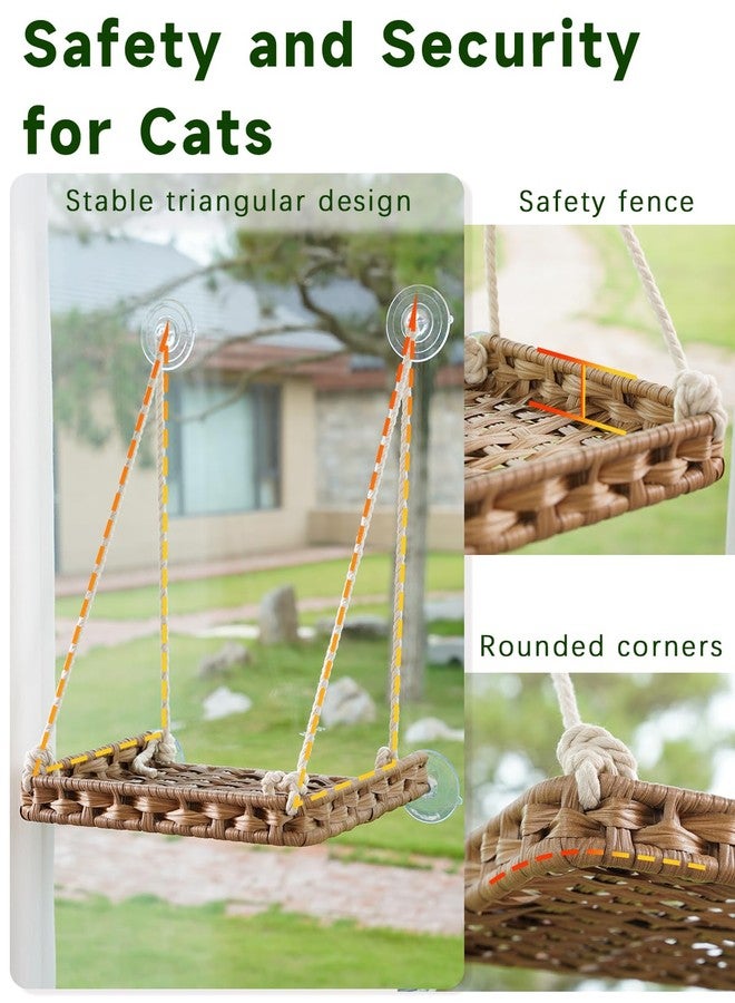 SETVSON Cat Window Perch Cat Window Hammock Bed for Indoor Cats, Large Handwoven PE Rattan Window Seat, 4 Suction Cups, Double Sided Washable Cushion Bed, 2.3 Inch Fence Shelf, for Pet Kittens Natural - Image 4