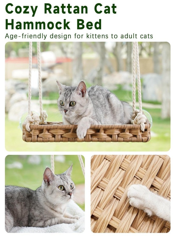 SETVSON Cat Window Perch Cat Window Hammock Bed for Indoor Cats, Large Handwoven PE Rattan Window Seat, 4 Suction Cups, Double Sided Washable Cushion Bed, 2.3 Inch Fence Shelf, for Pet Kittens Natural - Image 3