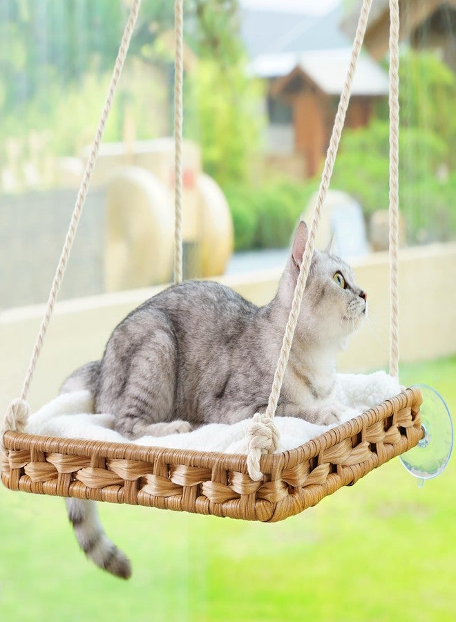 SETVSON Cat Window Perch Cat Window Hammock Bed for Indoor Cats, Large Handwoven PE Rattan Window Seat, 4 Suction Cups, Double Sided Washable Cushion Bed, 2.3 Inch Fence Shelf, for Pet Kittens Natural - Image 1